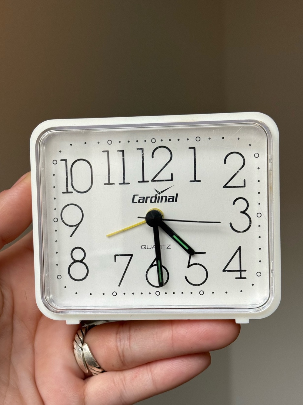 White Minimalist Vintage Tabletop Analog Quartz Travel Alarm Clock by Cardinal